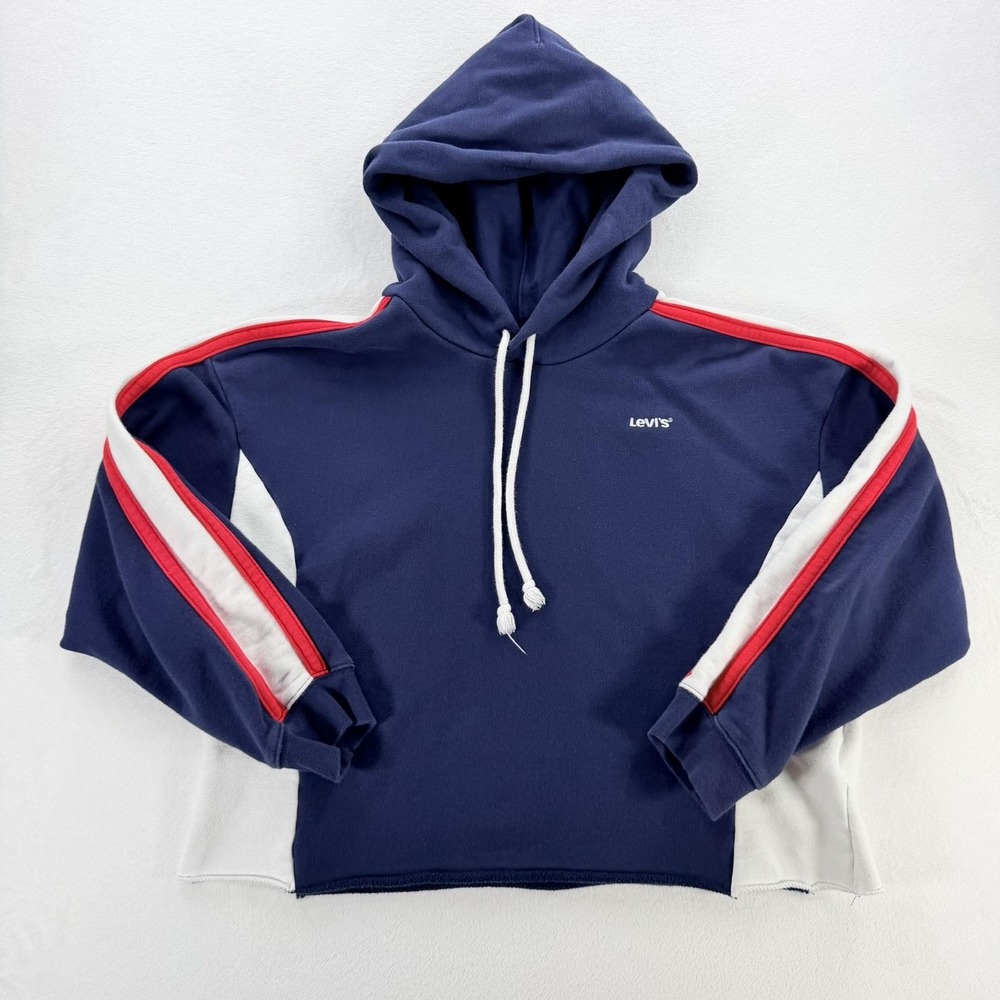 Levi's Hoodie Womens XL Blue Red Stripe Colorblock Fleece Pullover Cropped Logo